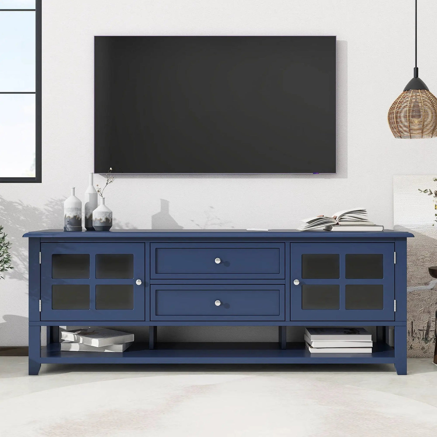 TV Stand, Entertainment Center With Dual Drawers And Hidden Storage, Cabinet With Soft Closing Doors And Sleek Panel Design by HouseOfZazla