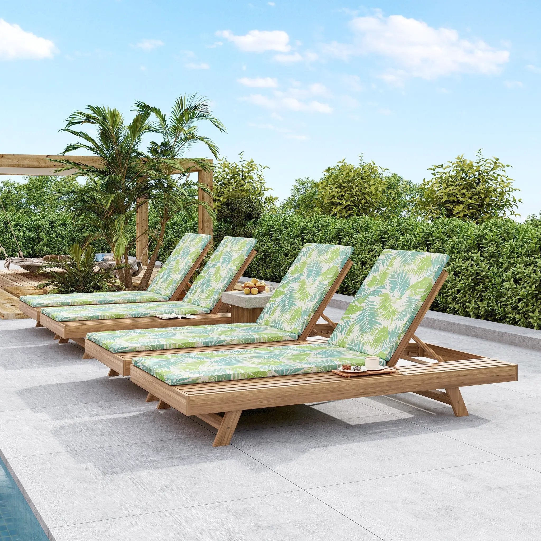 Lounge Chaise Set, Space Available On One Side, Acacia Wood In light brown With Water-Resistant Lounge Cushions (Leaf Coconut & 2 Inch Thick) – Matching Cream/Dark Grey Version Available by HouseOfZazla