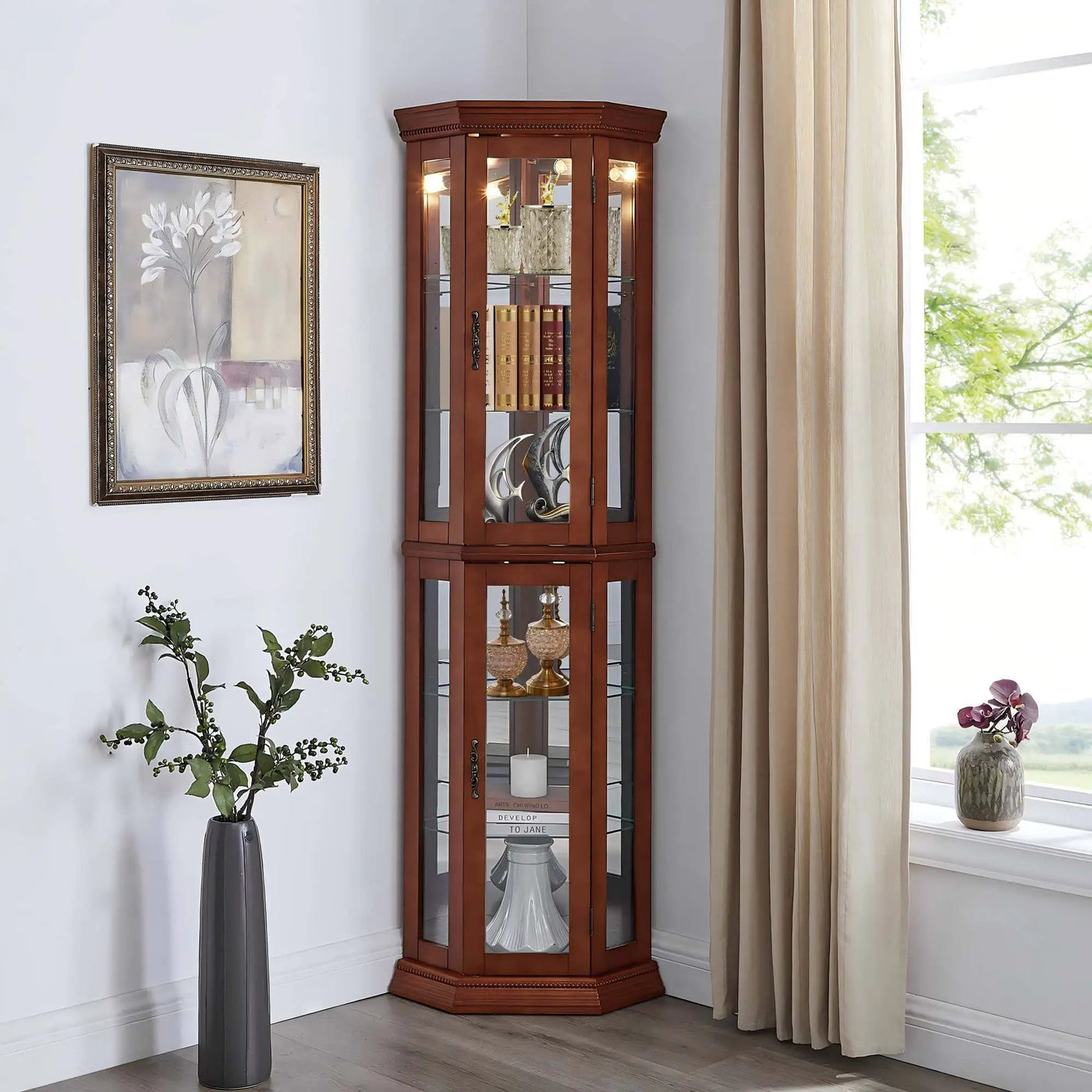 Corner Curio Cabinet With Lights, Adjustable Tempered Glass Shelves, Mirrored Back, Display Cabinet (E26 Light Bulb Not Included) by HouseOfZazla