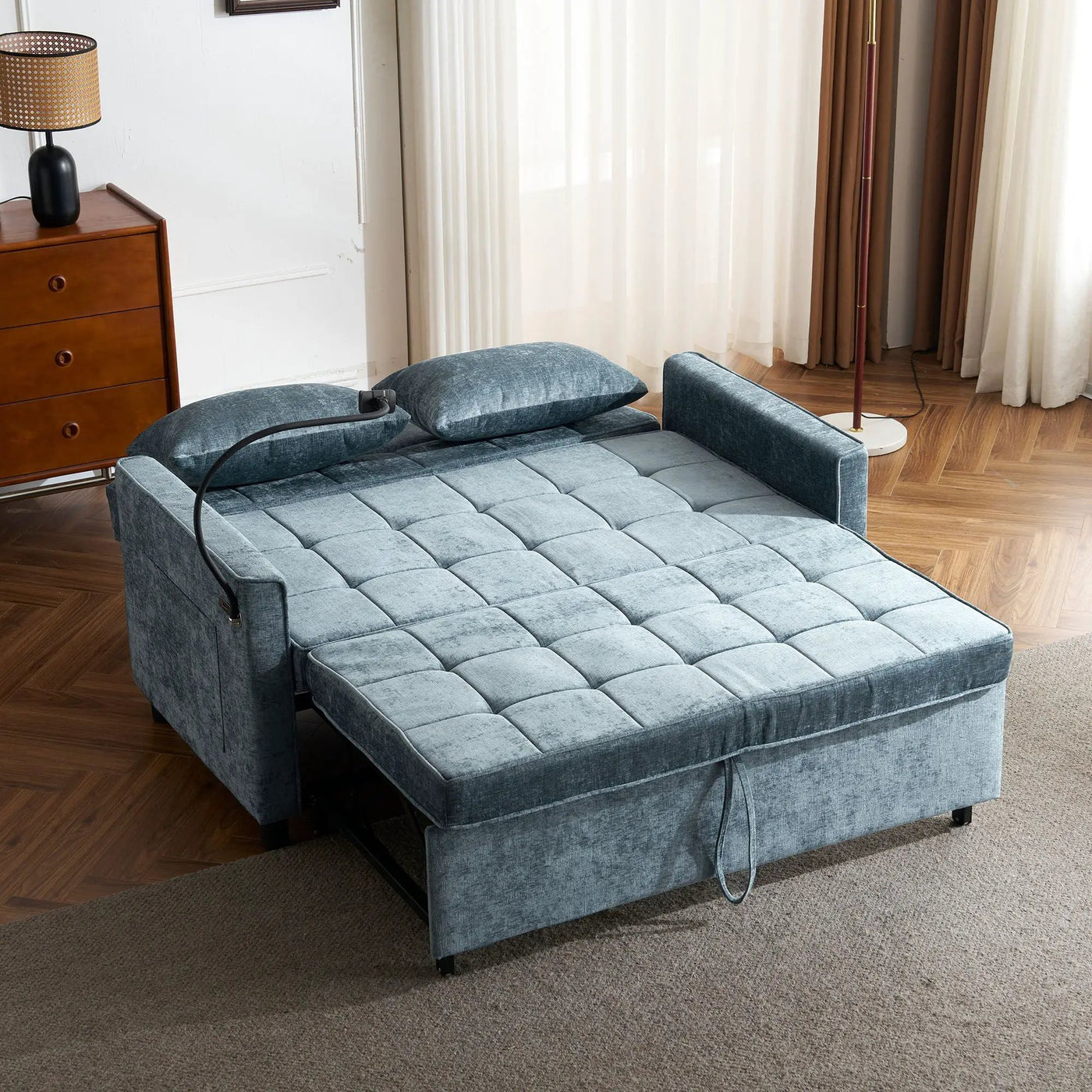 Pull-Out Sleeper Sofa With Reversible Backrest Cushion, Side Pockets, 2 USB Ports And A Phone Holder For Living Room by HouseOfZazla