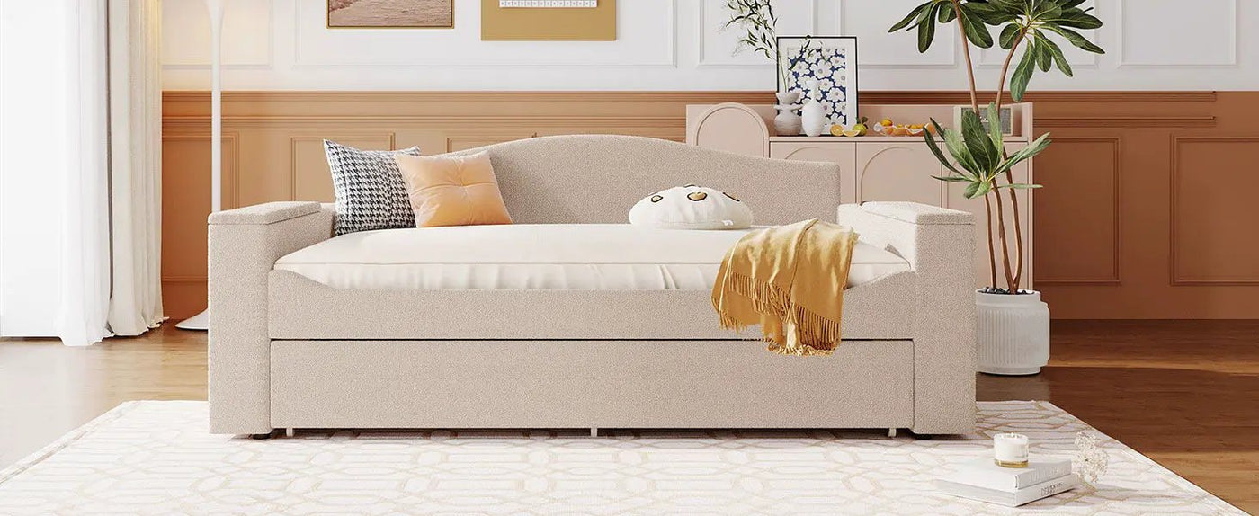 Upholstered Daybed With Storage Armrests, Trundle And Latest Integrated tooth Audio System by HouseOfZazla