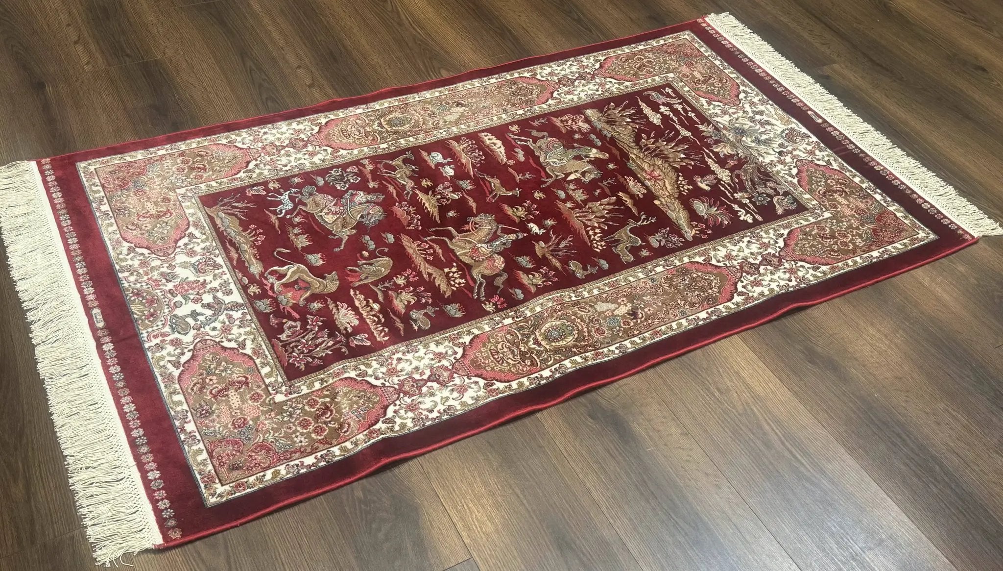 Turkish Silk Rug 3x5, Hunting Design, Dark Red & Ivory, Bamboo Silk, New by Jewel Rugs