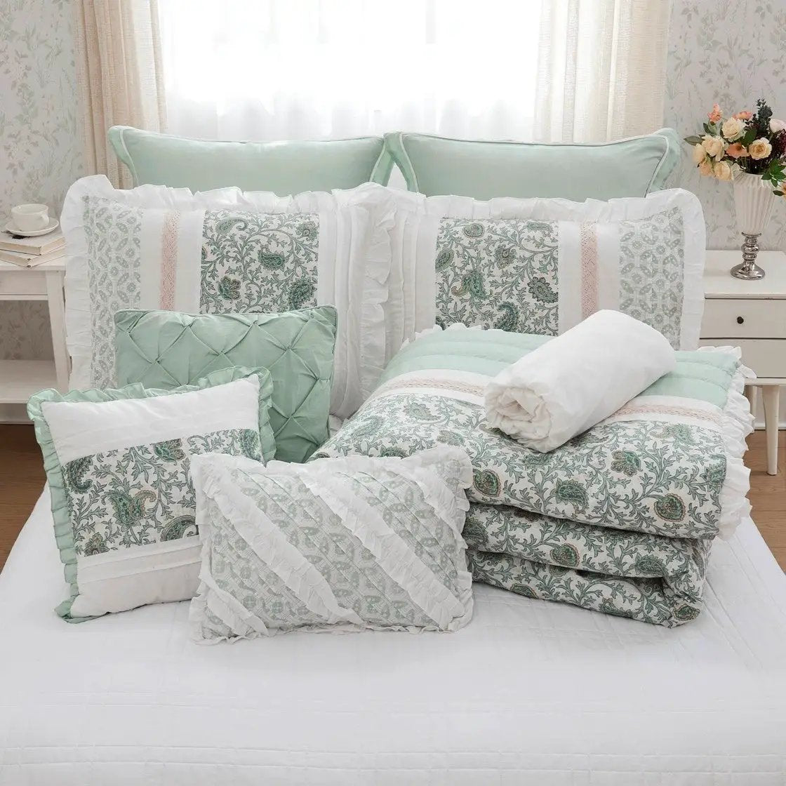 9 Piece Cotton Percale Comforter Set Aqua by HouseOfZazla