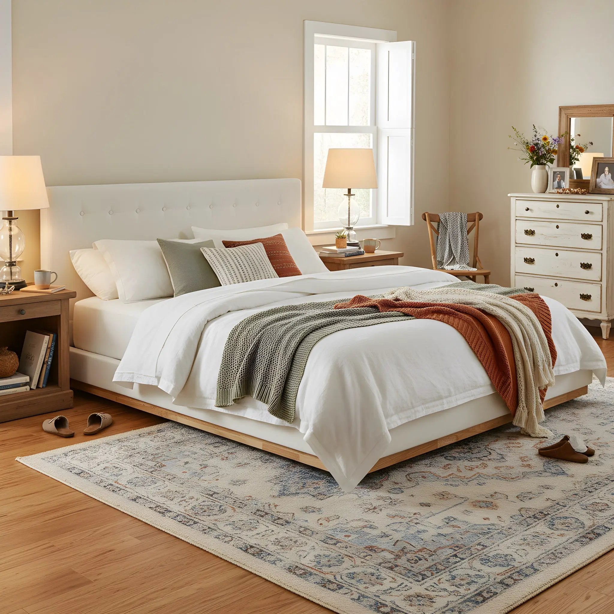 Solid Rubber Wood Platform Bed with Upholstered Headboard by HouseOfZazla