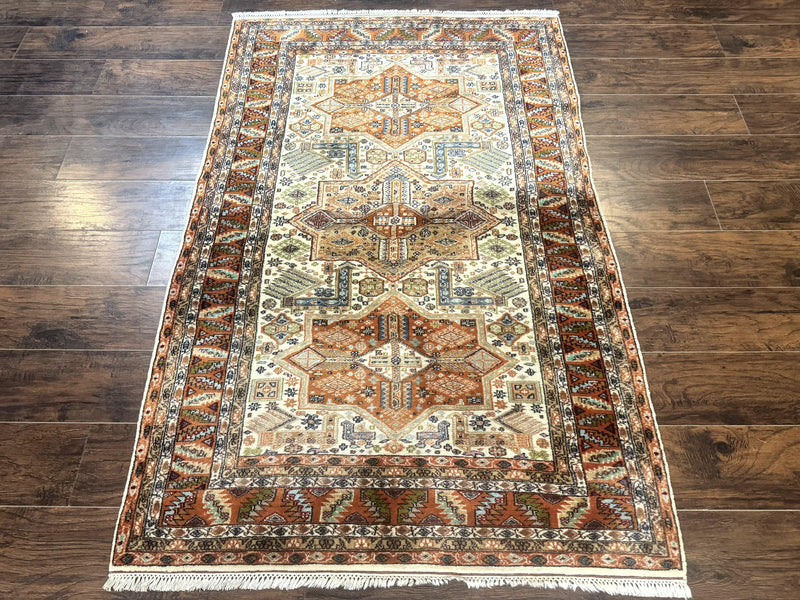 Turkish Kazak Rug 4x6, Geometric Medallions, Vintage Handmade Wool Carpet by Jewel Rugs