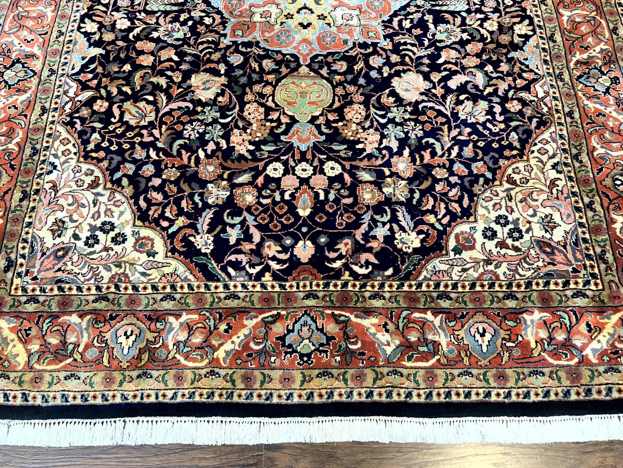 Indo Persian Rug 8x10, Midnight Blue & Red, Handmade Vintage Wool Carpet, Floral Medallion by Jewel Rugs