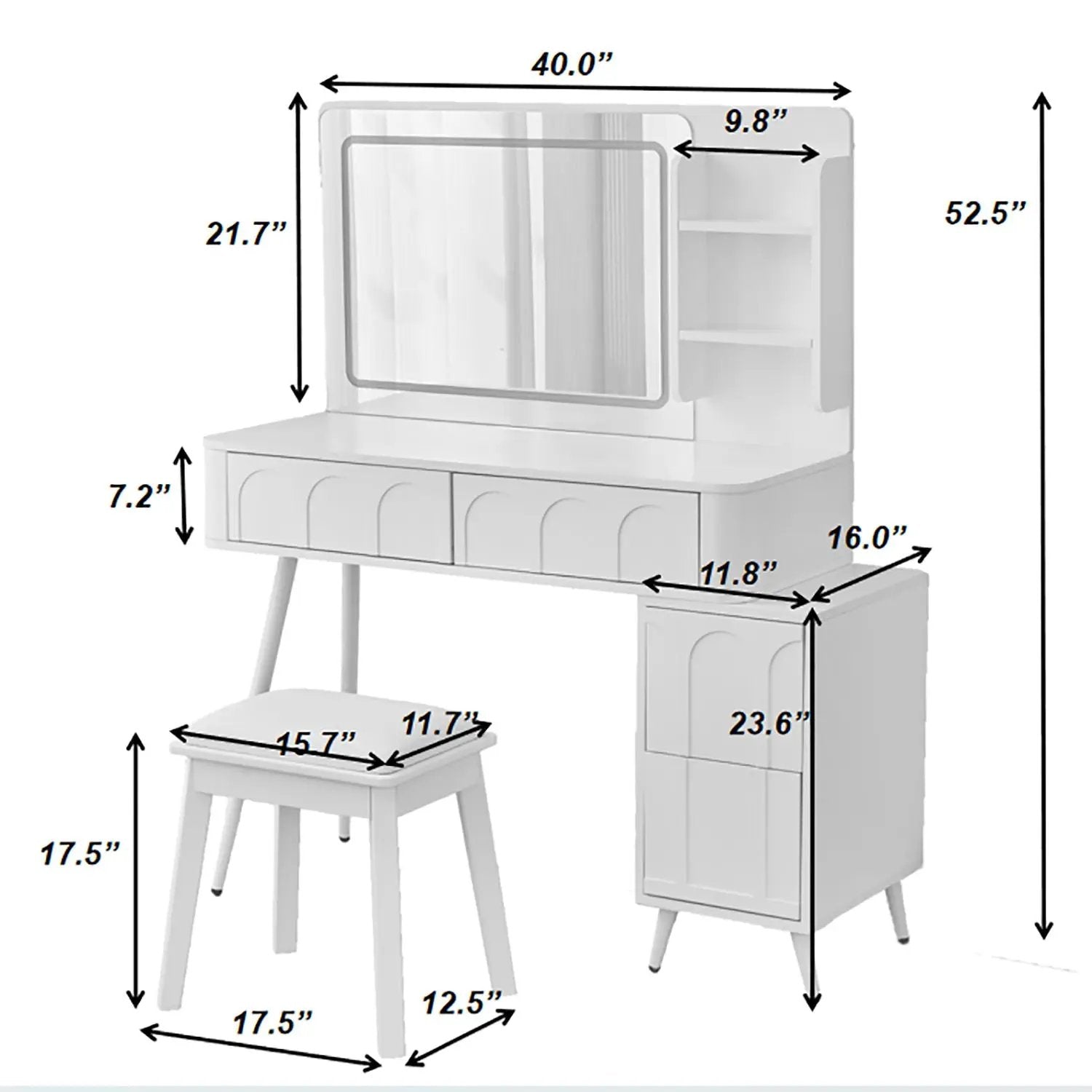 Modern Makeup Vanity Desk With LED Lights & Mirror 4 Drawer Dressing Table Set Space Saving For Bedroom - White by HouseOfZazla