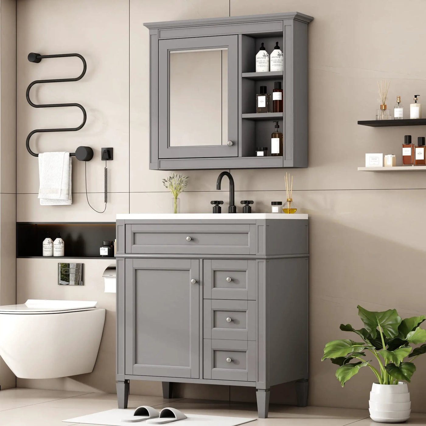 Bathroom Vanity With Top Sink, 2 Doors And 3 Drawers, Freestanding Set With Mirror Cabinet by HouseOfZazla