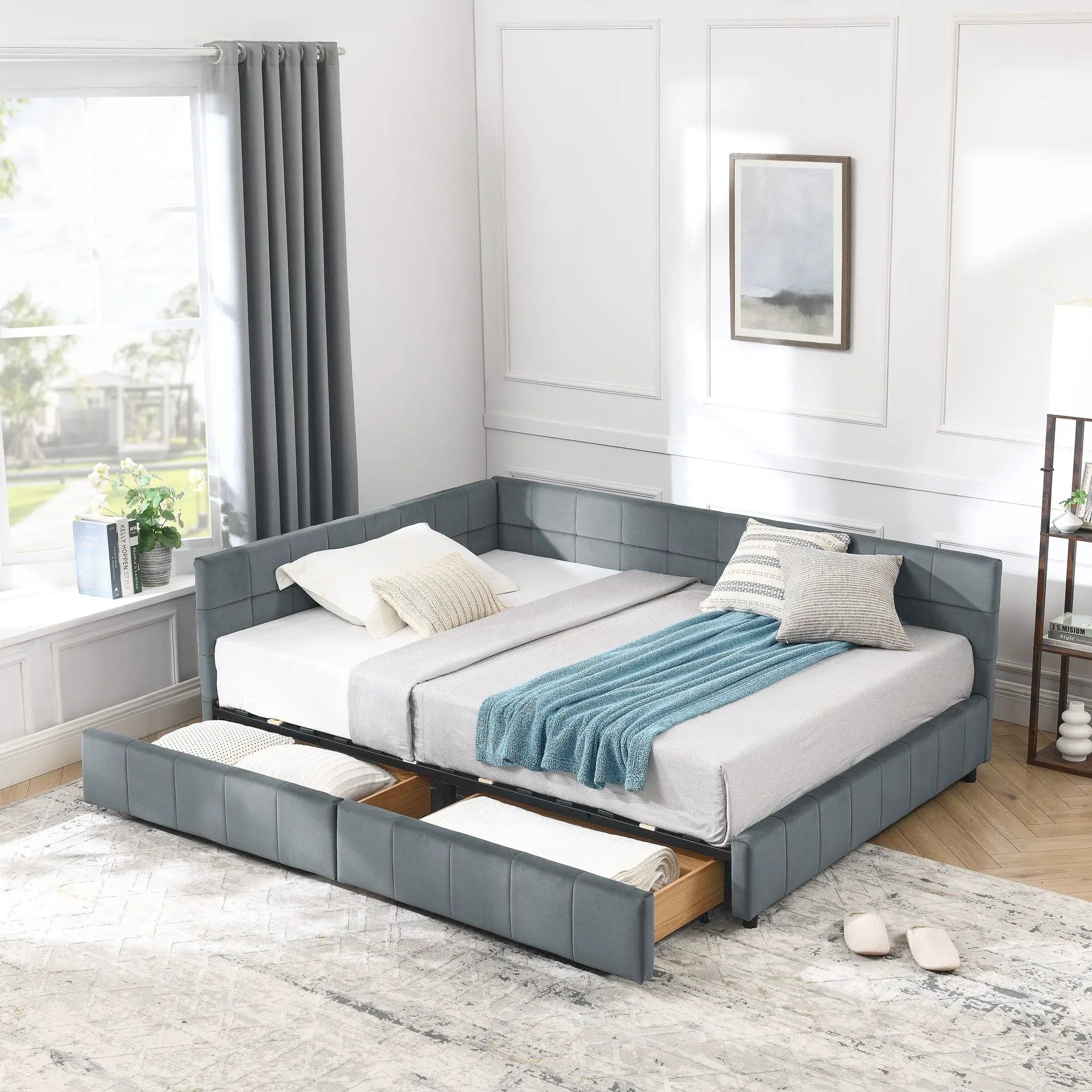 Mid-Century Storage Upholstered Tufted Bed Frame With Backrest And Armrests by Unique Piece Furniture
