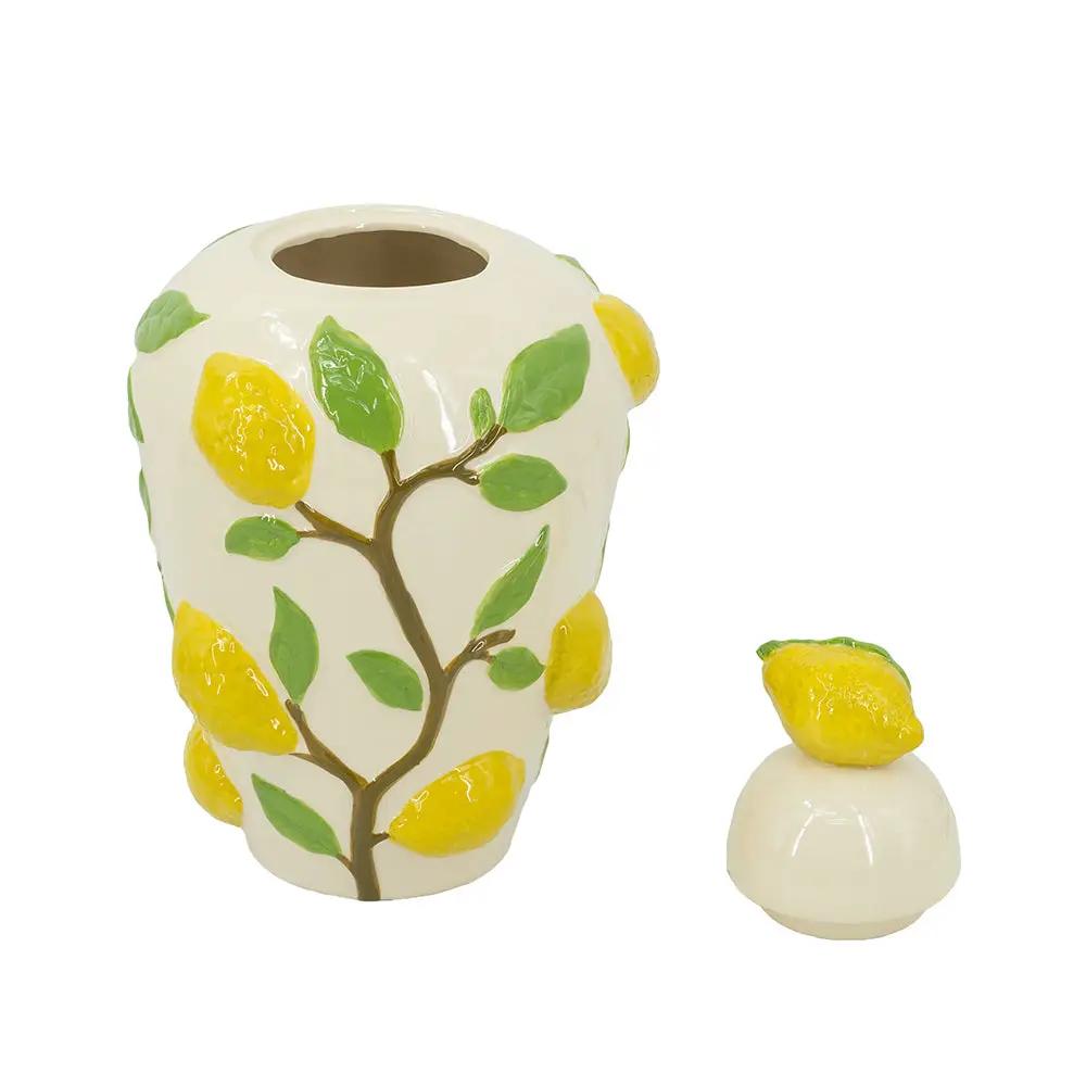 8.7x8.7x15' White Ceramic Lidded Jar with Playful Lemon Design by HouseOfZazla