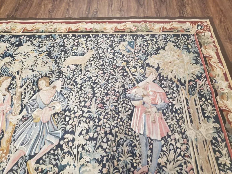 Vintage European Tapestry 5.4 x 7.11, Antique Style European Wall Hanging, Aubusson Weave Handmade Tapestry, Courtship Dating Scene, Animals by Jewel Rugs