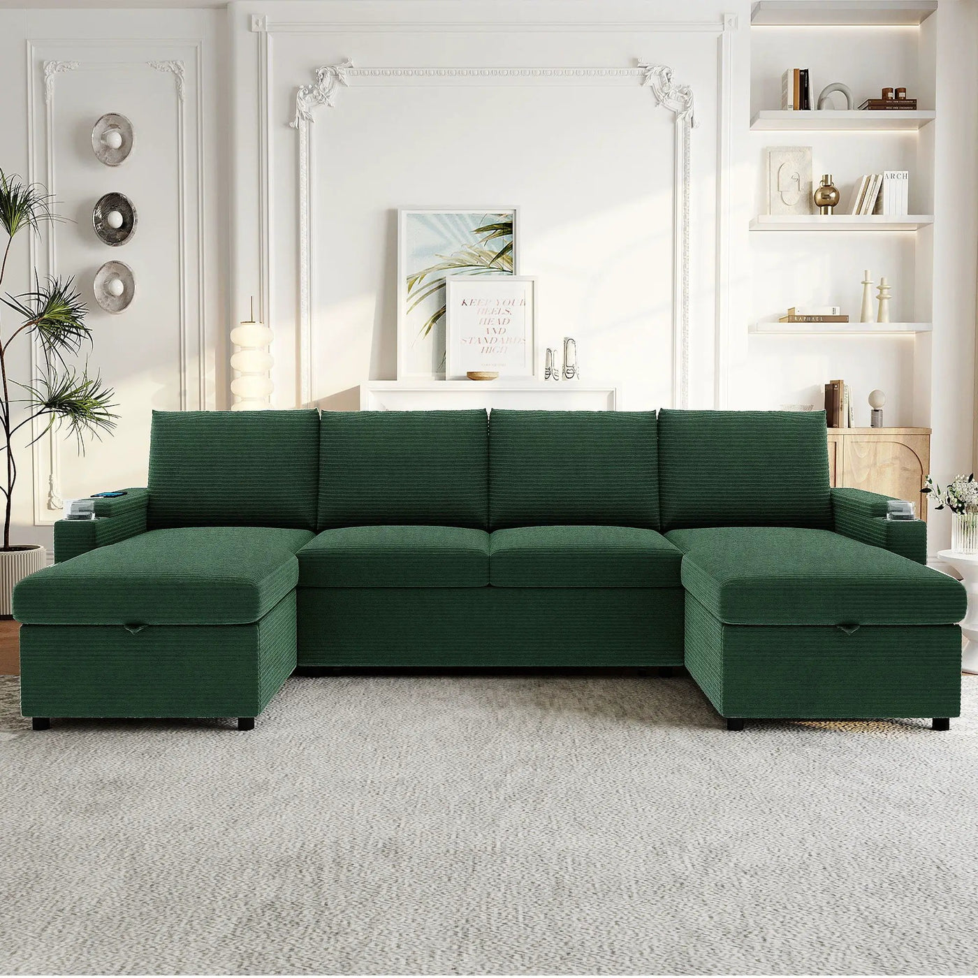U Shaped Sectional Sofa Bed With Storage Chaise Lounges, USB Ports, And Cup Holders by HouseOfZazla