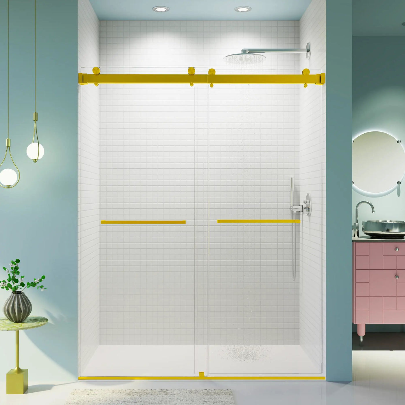 Frameless Double Sliding Shower Door In, Thick Tempered Glass, Reversible Installation by HouseOfZazla
