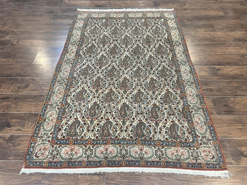 Persian Qum Rug 5x6, Cream Wool Hand Knotted Carpet, Repeated Boteh Paisely Design, Semi Antique Vintage Rug, Very Fine Weave 5 x 6 Rug by Jewel Rugs