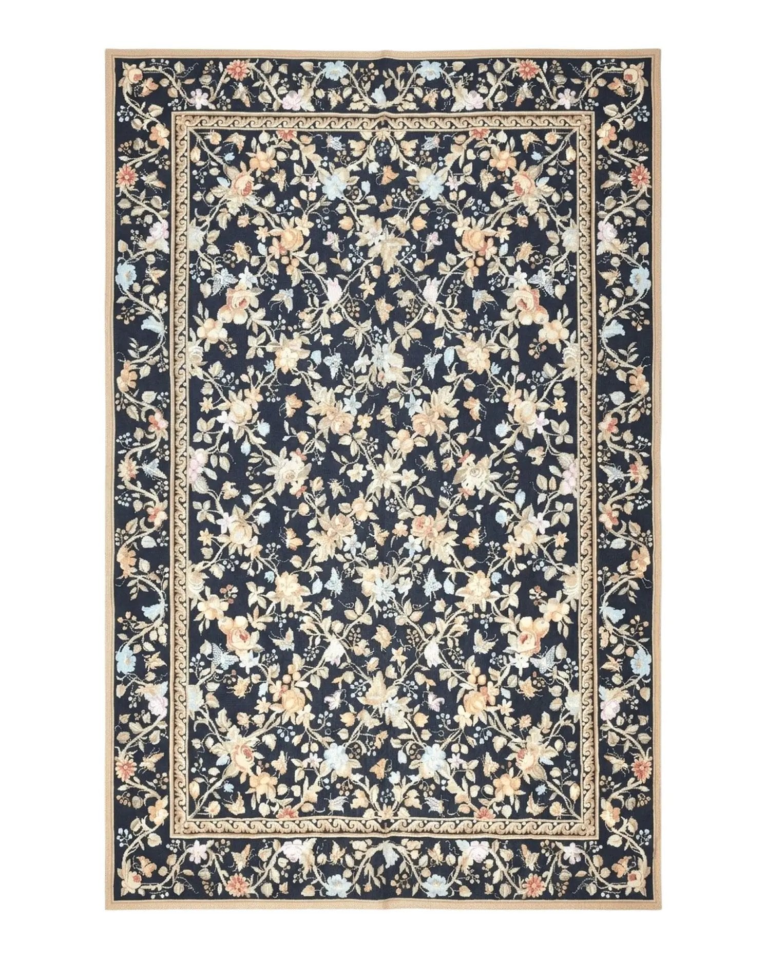 6x9 Vintage Needlepoint Rug, Petitepoint Carpet, Butterflies Floral Design by Jewel Rugs