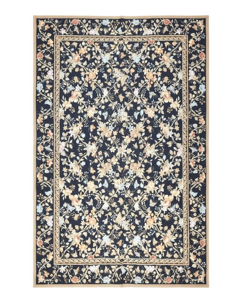 6x9 Vintage Needlepoint Rug, Petitepoint Carpet, Butterflies Floral Design by Jewel Rugs