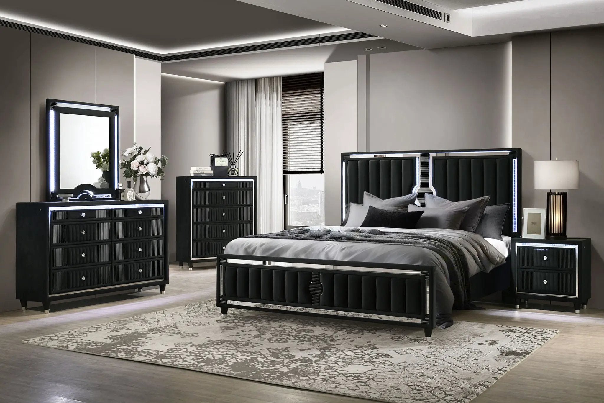 Ravenne 5-piece Velvet Upholstered Eastern King LED Bedroom Set Black by Unique Piece Furniture