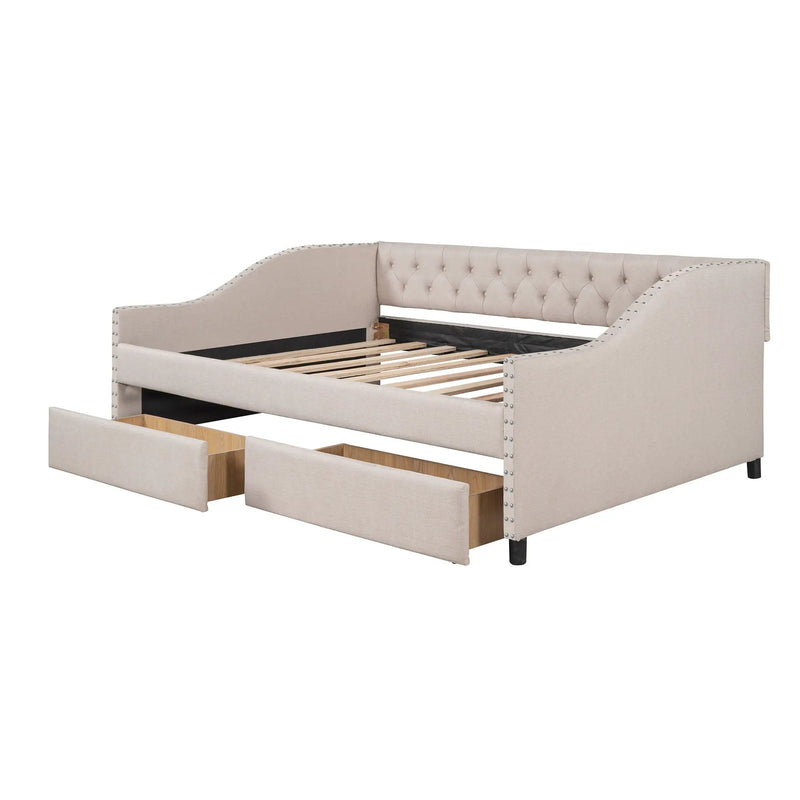 Upholstered Daybed With Two Drawers, Wood Slat Support by HouseOfZazla