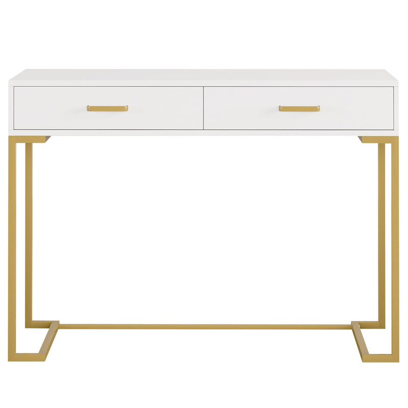 Minimalist Home Office Computer Desk With 2 Drawers, Compact Writing Table For Small Spaces - White / Gold