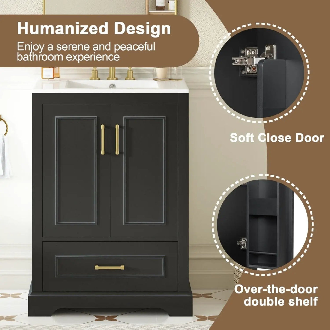 Bathroom Vanity With Sink, 1 Divided Drawer And 2 Soft Close Doors With Double Shelf by HouseOfZazla