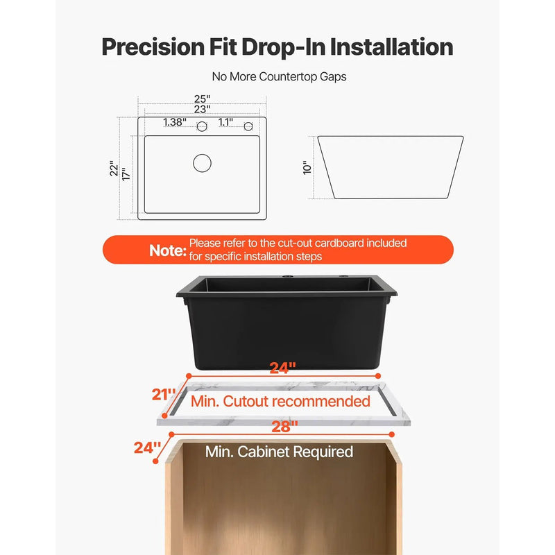 25 Inch Granite Kitchen Sink Top Mount Single Bowl Drop-In Basin for RV Bar by HouseOfZazla
