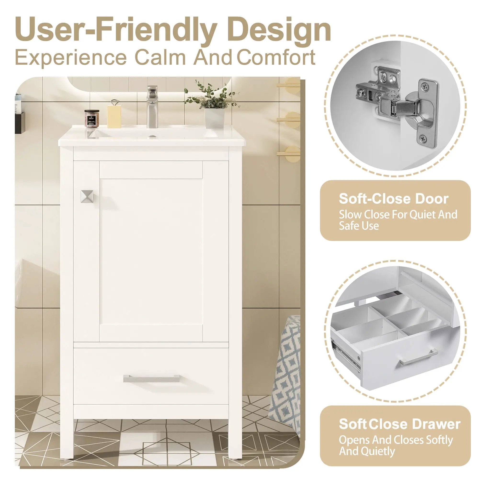 Bathroom Vanity With Ceramic Sink, Soft Close Drawers, Door Organizer, Divider Drawer, Adjustable Foot Pads by HouseOfZazla