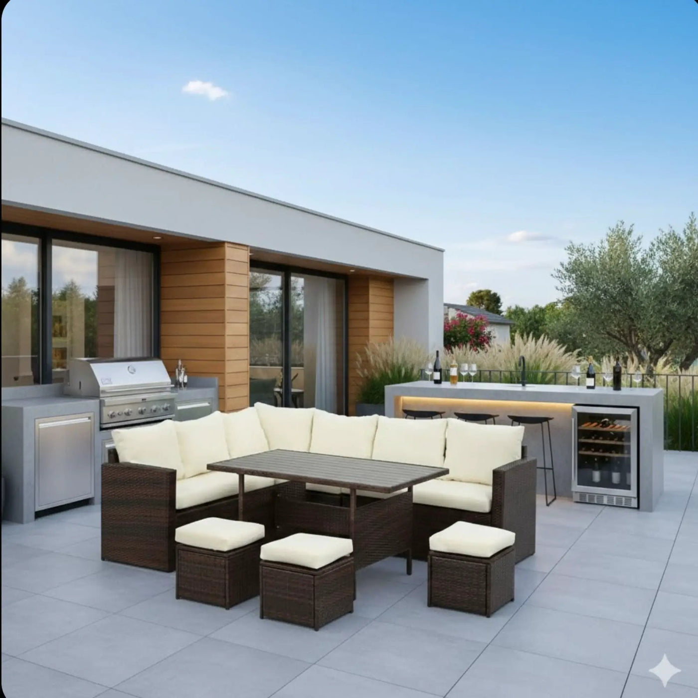 7 Piece Outdoor Dining Set With Cushions, Modular Sectional Sofa And Table by HouseOfZazla