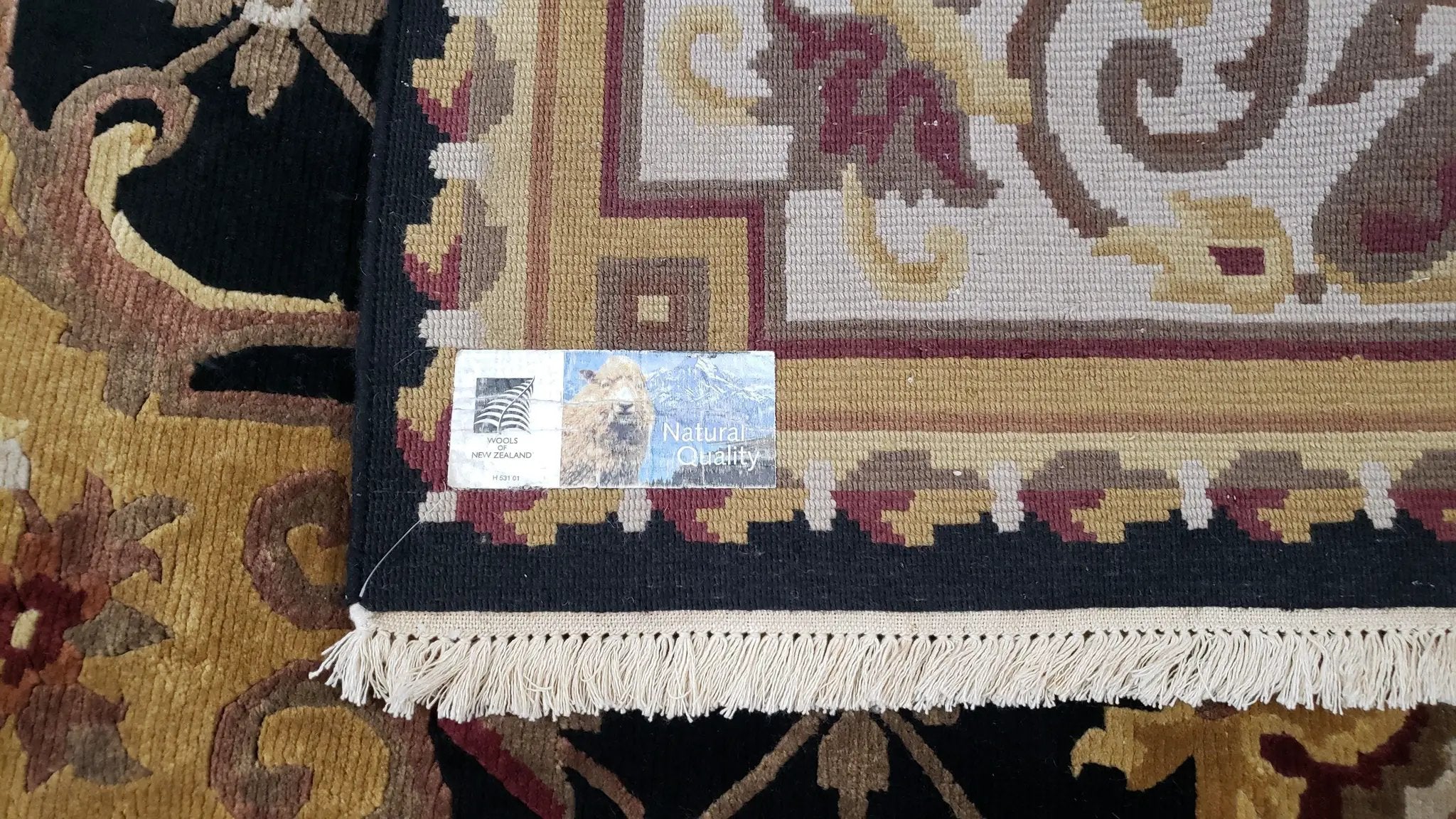 6x9 Nepalese Rug, Aubusson Savonnerie Area Rug 6 x 9 with Soft Pile, Hand-Knotted Wool Black & Beige Tibetan New Carpet European Design by Jewel Rugs