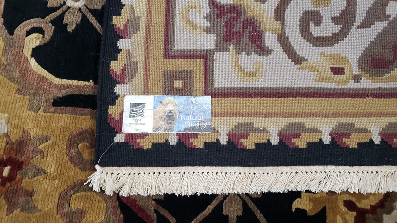 6x9 Nepalese Rug, Aubusson Savonnerie Area Rug 6 x 9 with Soft Pile, Hand-Knotted Wool Black & Beige Tibetan New Carpet European Design by Jewel Rugs