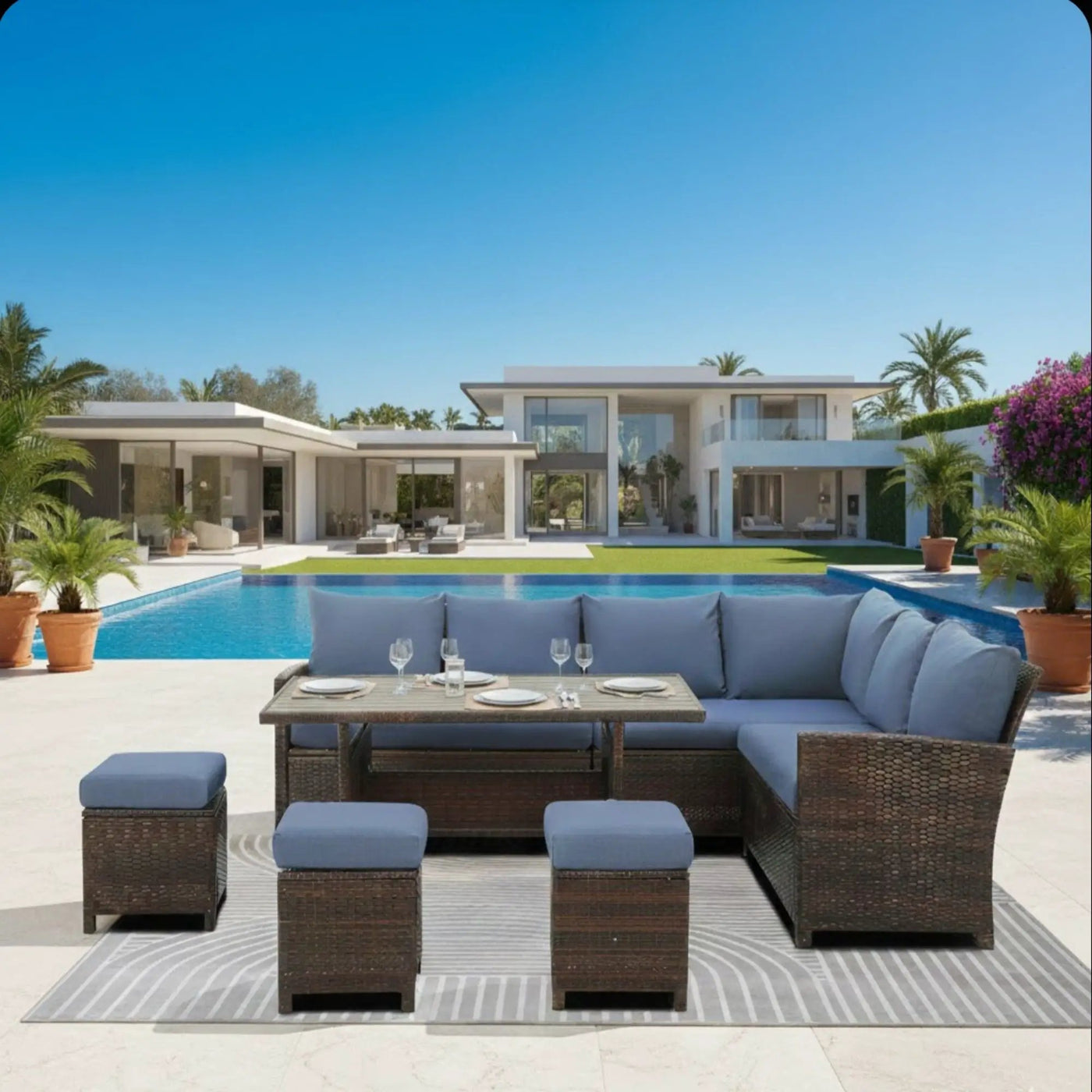 7 Piece Patio Dining Set With Cushions, Modular Sectional Sofa & Storage Table by HouseOfZazla