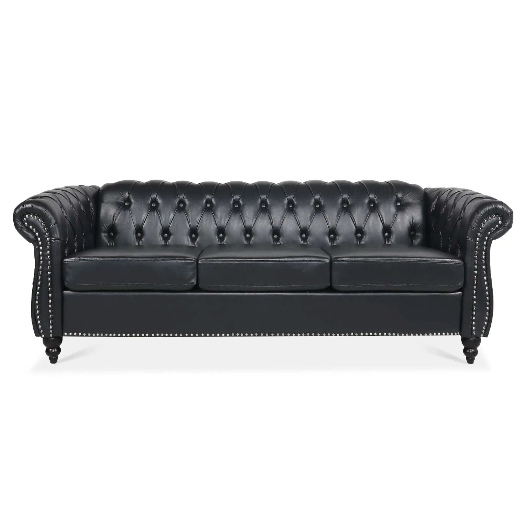 84.65" Black PU Rolled Arm Chesterfield Three Seater Sofa by HouseOfZazla