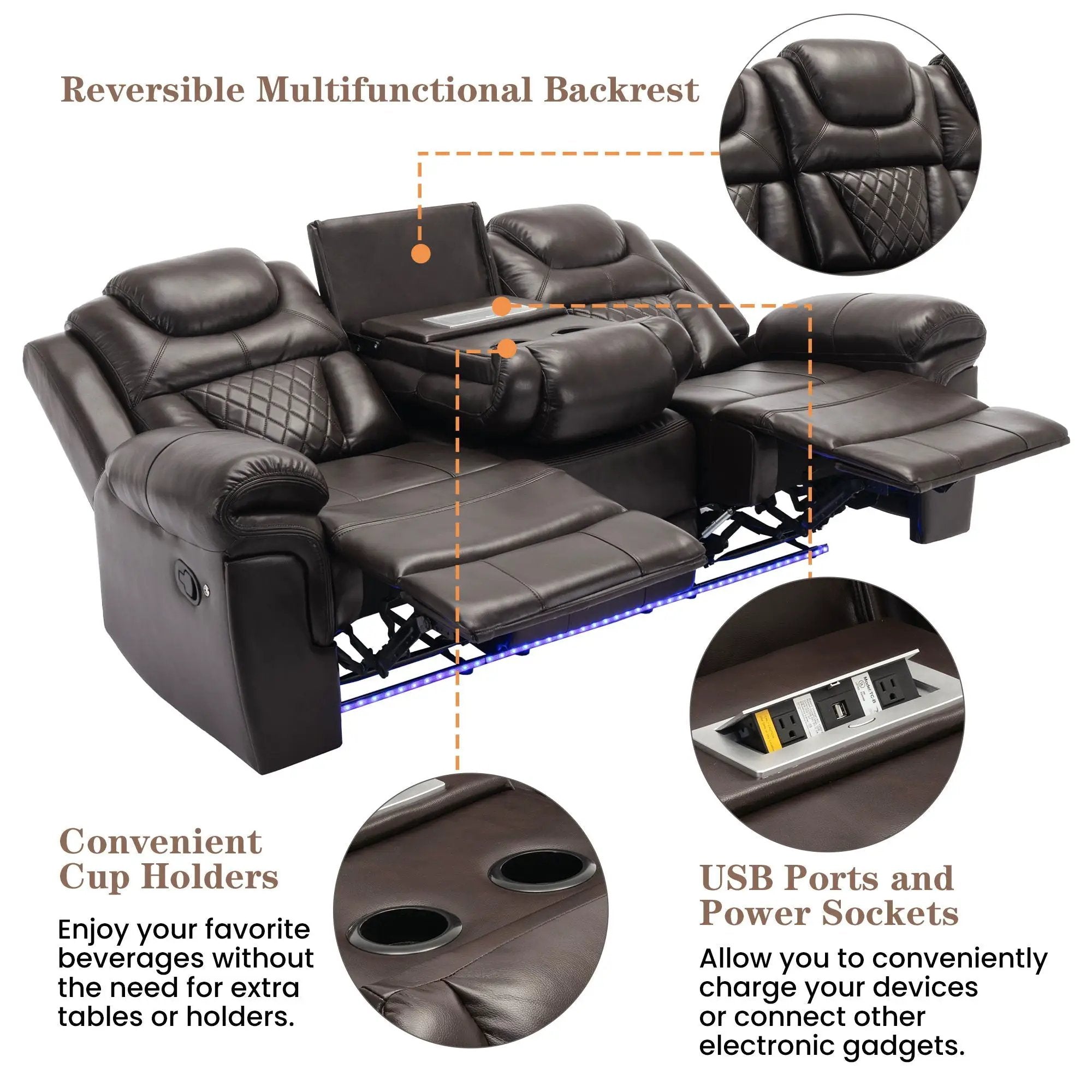 Home Theater Seating Manual Recliner Chair With Center Console And Led Light Strip For Living Room by HouseOfZazla