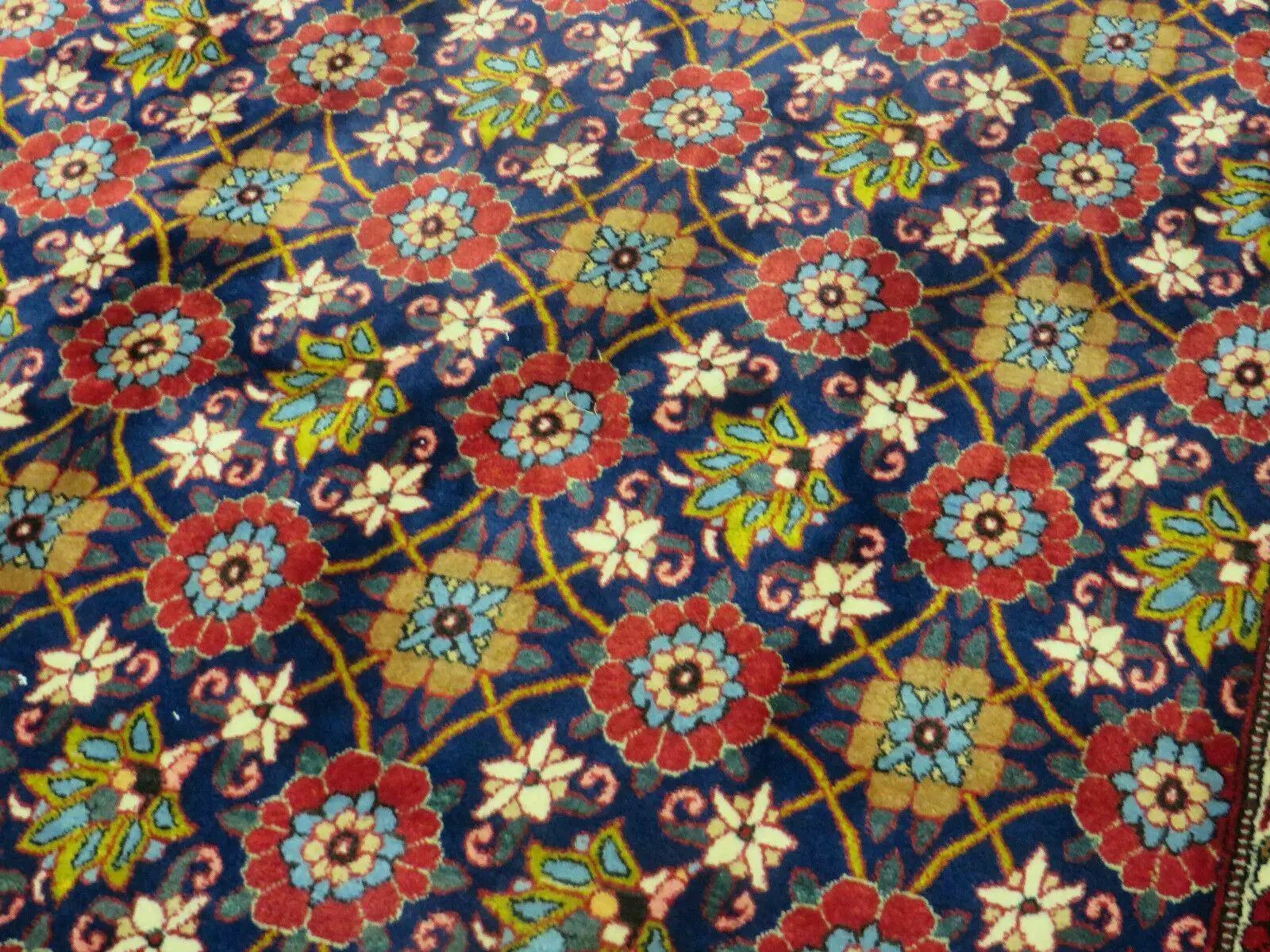 Navy Blue Antique Persian Rug 7x11, Veramin Mina Khani Repeated Allover Pattern, Vintage Authentic Hand Knotted Handmade Wool Room Sized Carpet by Jewel Rugs