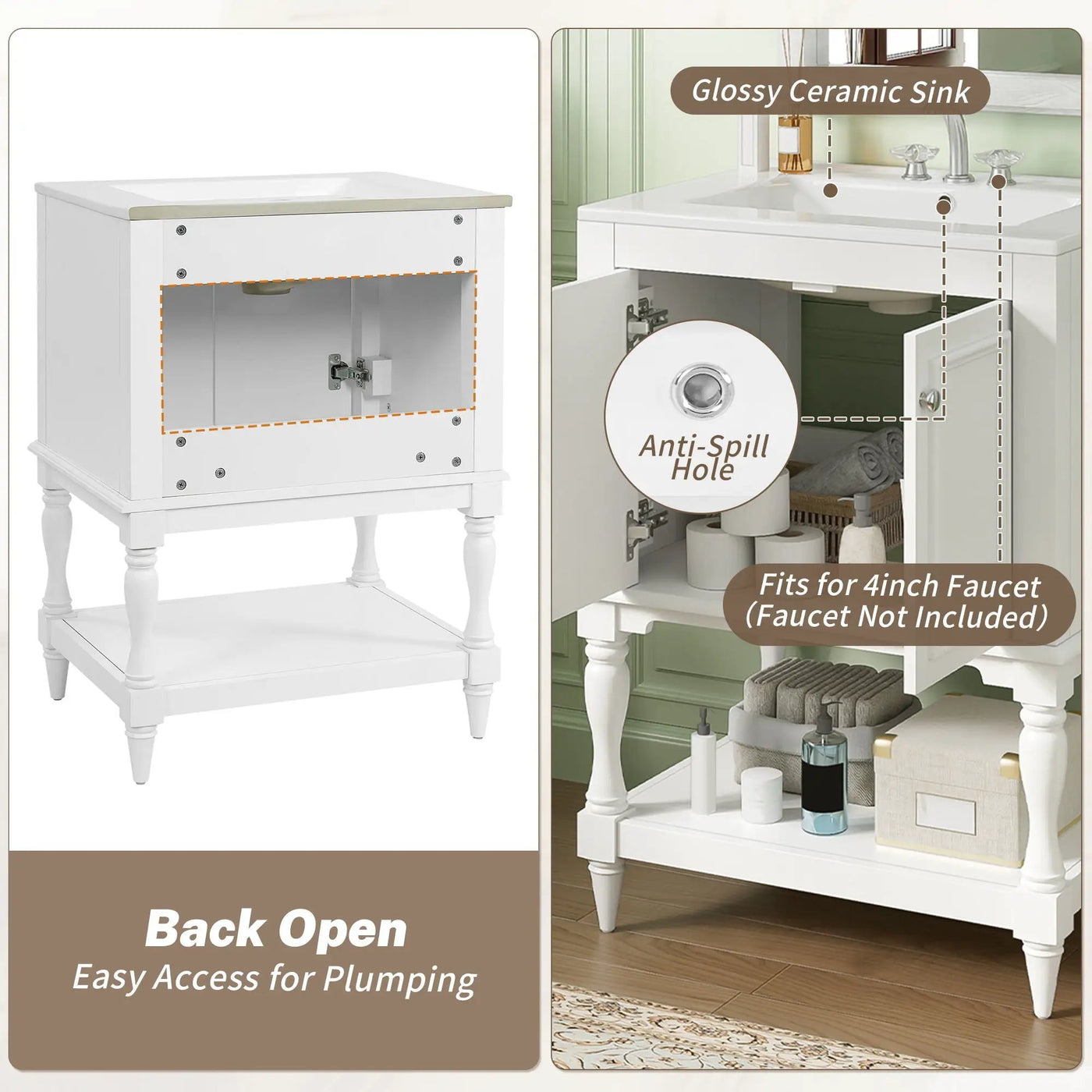 Modern Bathroom Vanity With Sink, Rectangular Cabinet With Open Shelf And Closed Storage by HouseOfZazla