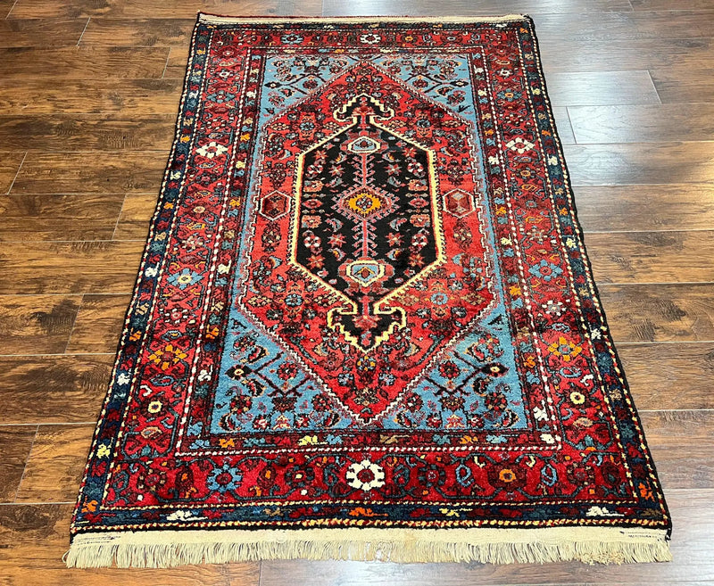 Antique Persian Tribal Rug 4x7, Wool Handmade 1920s Carpet, Red Blue, Persian Hamadan Rug by Jewel Rugs