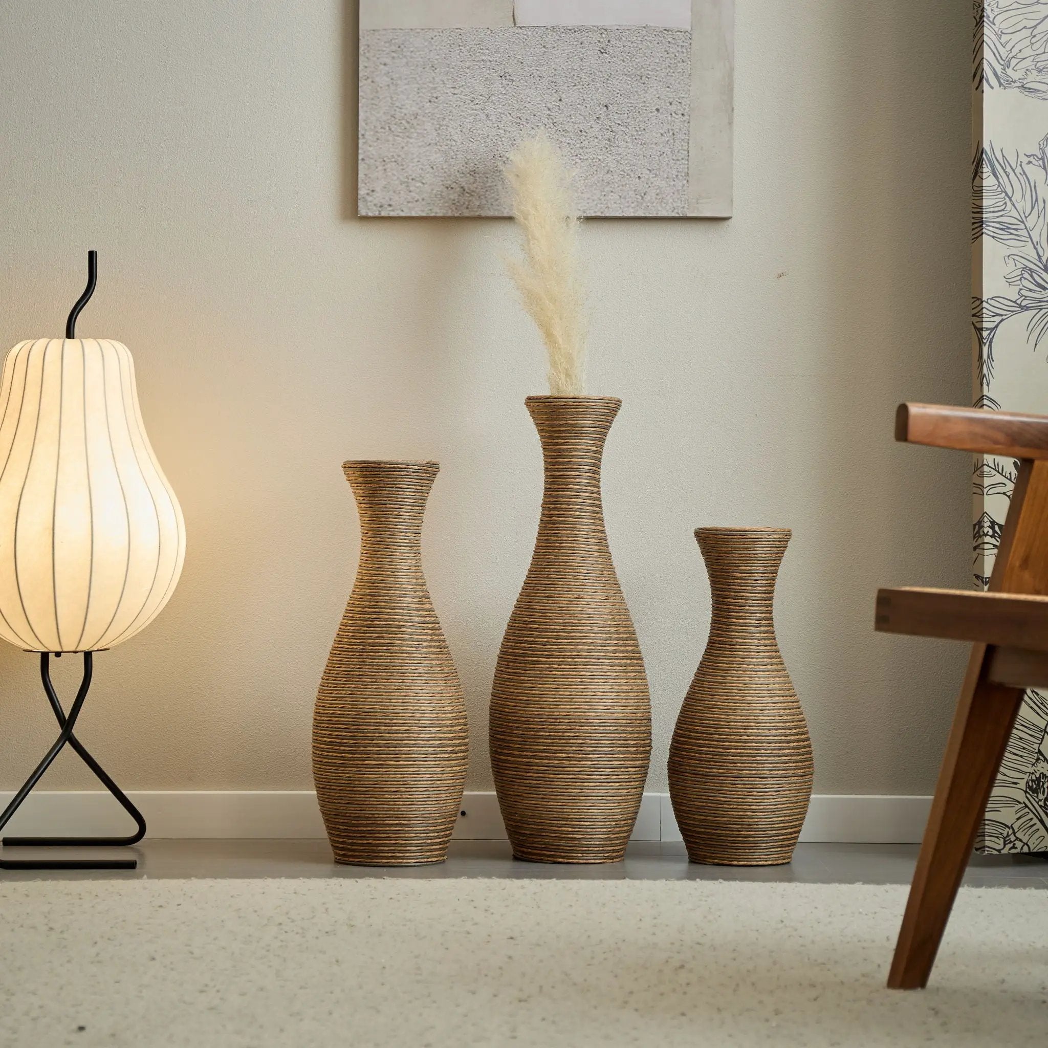 3 Piece Artificial Rattan Floor Vase Set Decorative Accent For Living Room, Hallway & Entryway, Ideal For Dried Or Silk Flower Arrangements - Beige by Unique Piece Furniture