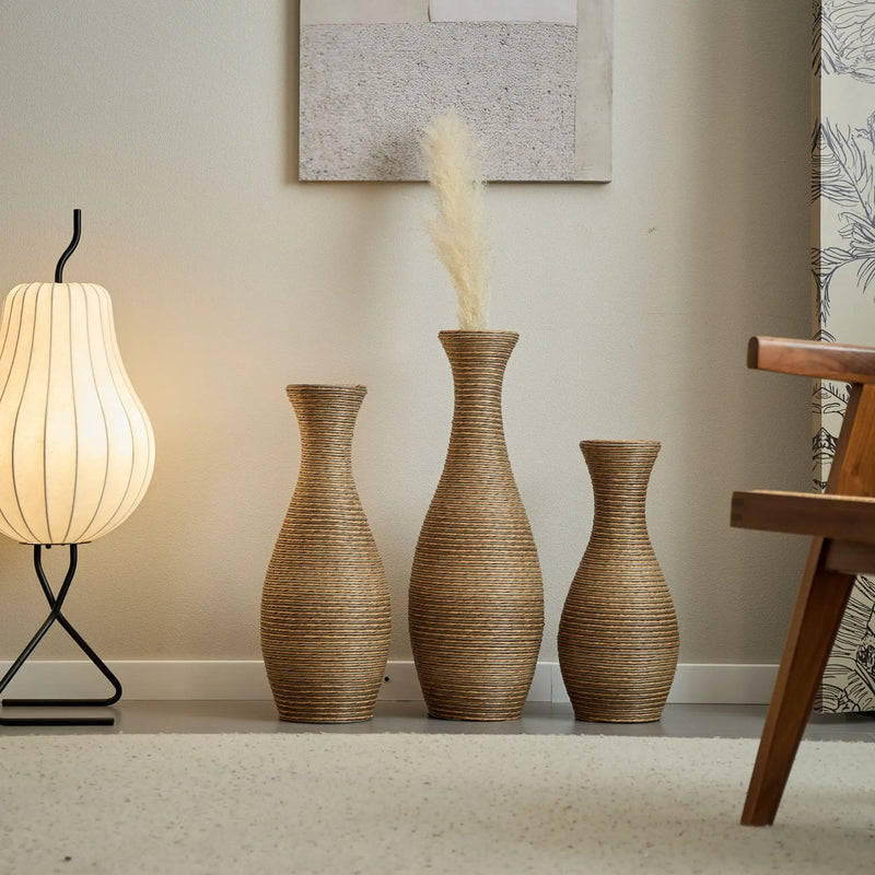 3 Piece Artificial Rattan Floor Vase Set Decorative Accent For Living Room, Hallway & Entryway, Ideal For Dried Or Silk Flower Arrangements - Beige by HouseOfZazla