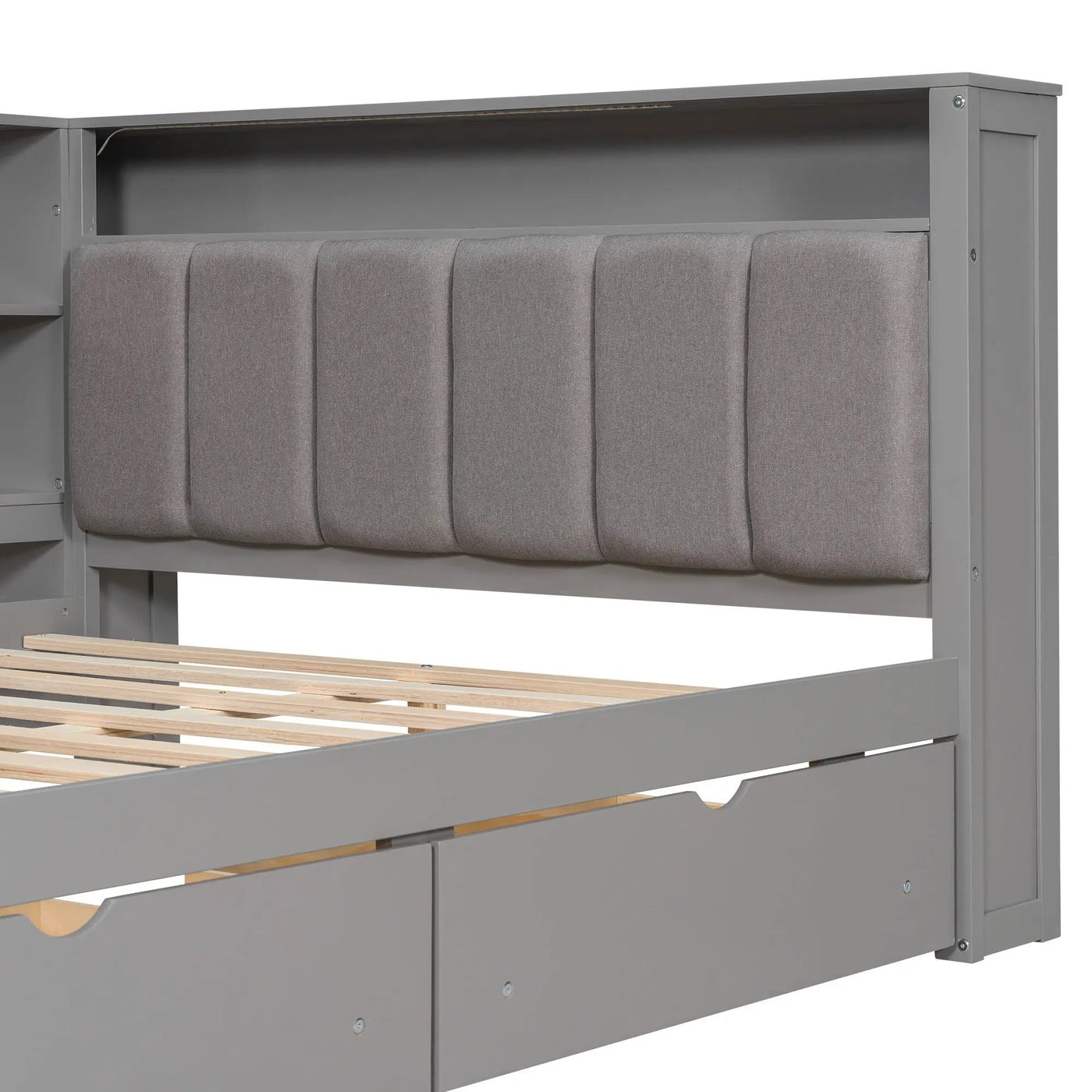 Platform Bed With Upholstered Headboard, Storage Shelves, Drawers, Charging Station, LED Lighting, Built In Desk by HouseOfZazla