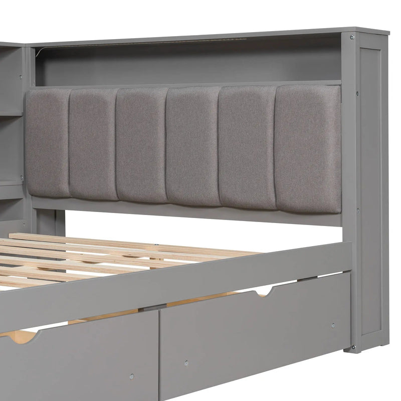 Platform Bed With Upholstered Headboard, Storage Shelves, Drawers, Charging Station, LED Lighting, Built In Desk by Unique Piece Furniture