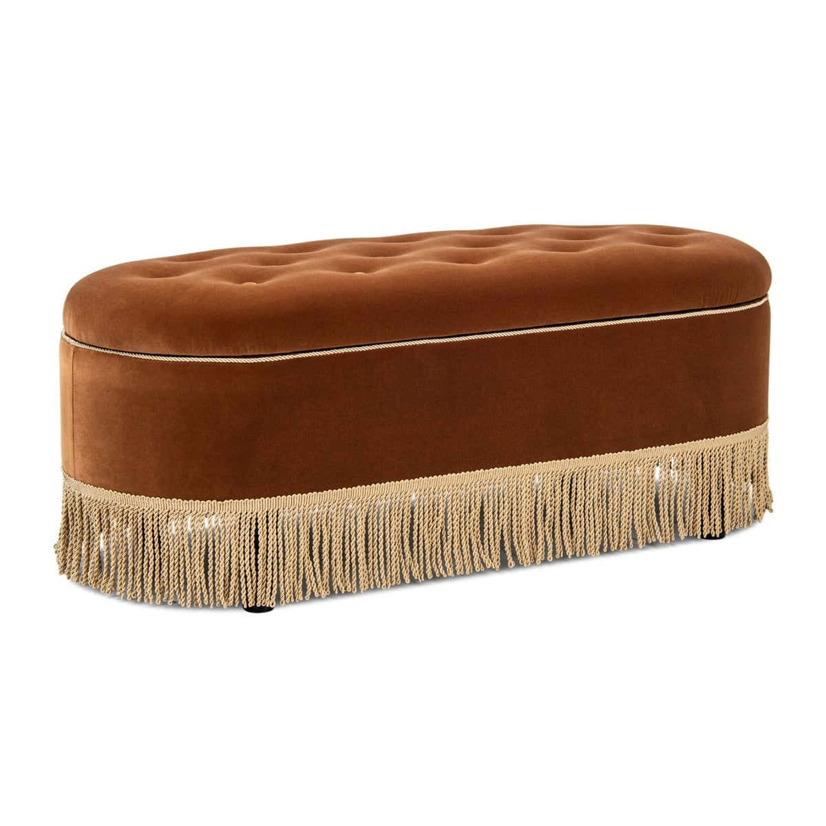 Oval Tufted Storage Bench with Bullion Fringe - Yellow, Dark Green or Orange, photo 5 of 30
