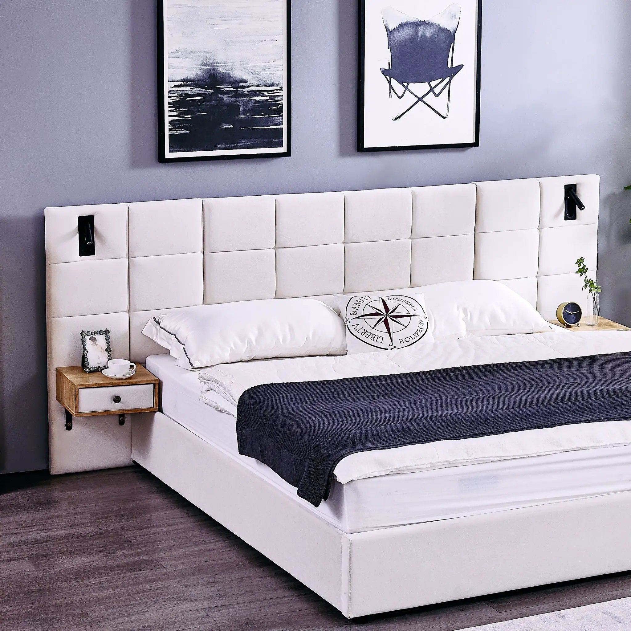 Upholstered Hydraulic Platform Bed With Storage Shelves, Reading Lamps, USB Port by HouseOfZazla