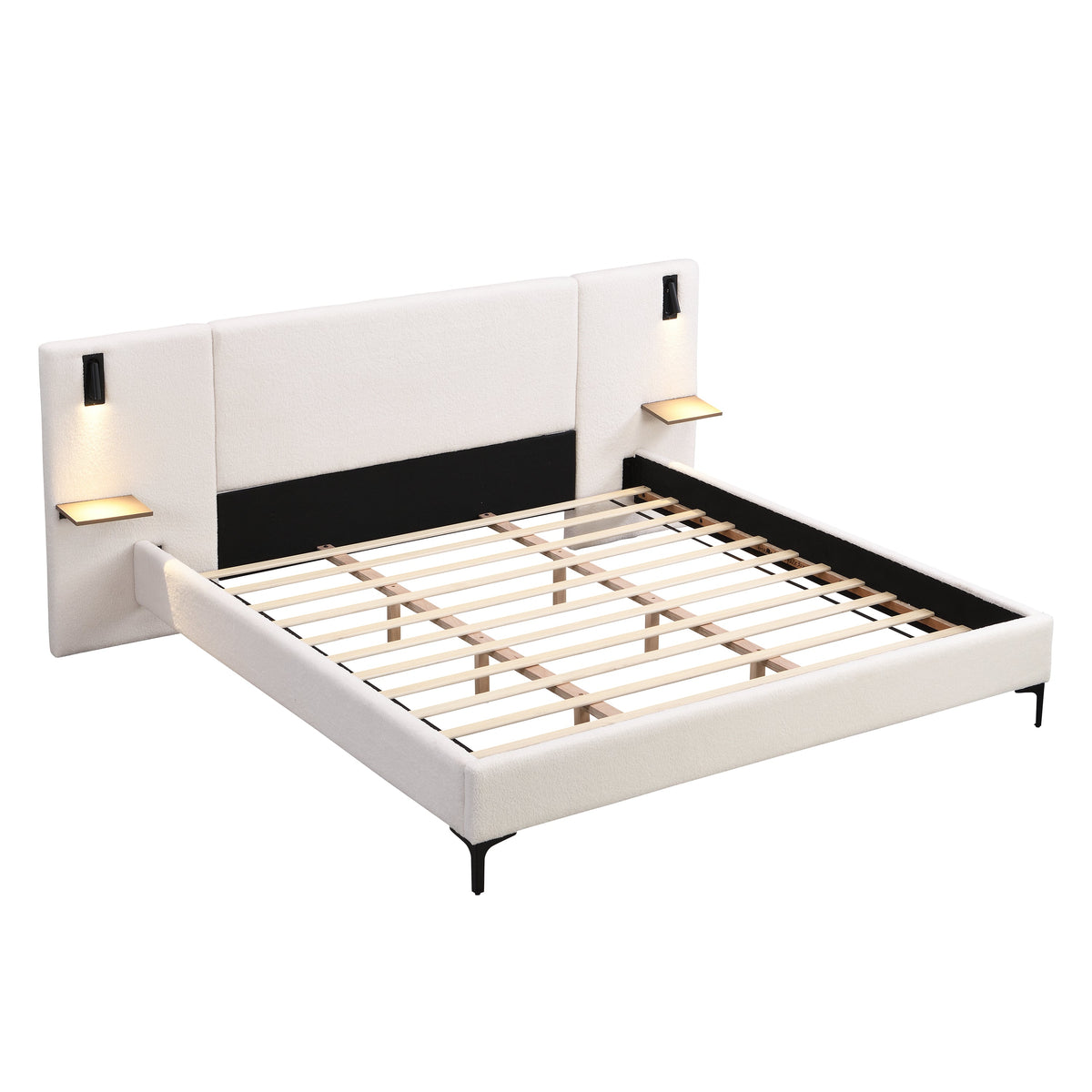 Chic Boucle Upholstered Bed with Integrated Lights and Shelves, photo 8 of 10