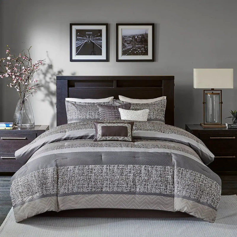 7 Piece Jacquard Comforter Set Grey Taupe King by HouseOfZazla