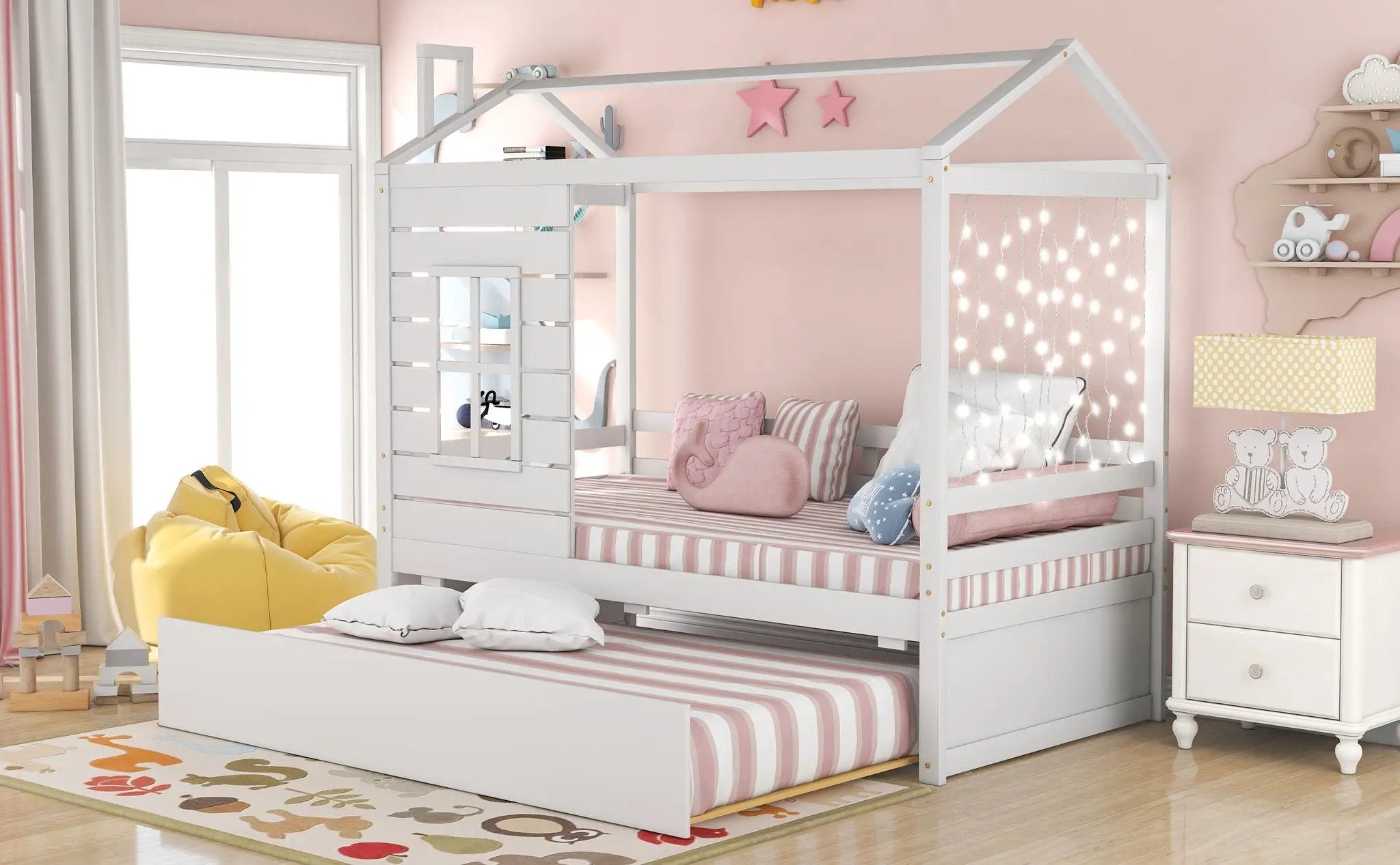 Twin Size Classic House Bed With Twin Size Trundle - White by HouseOfZazla