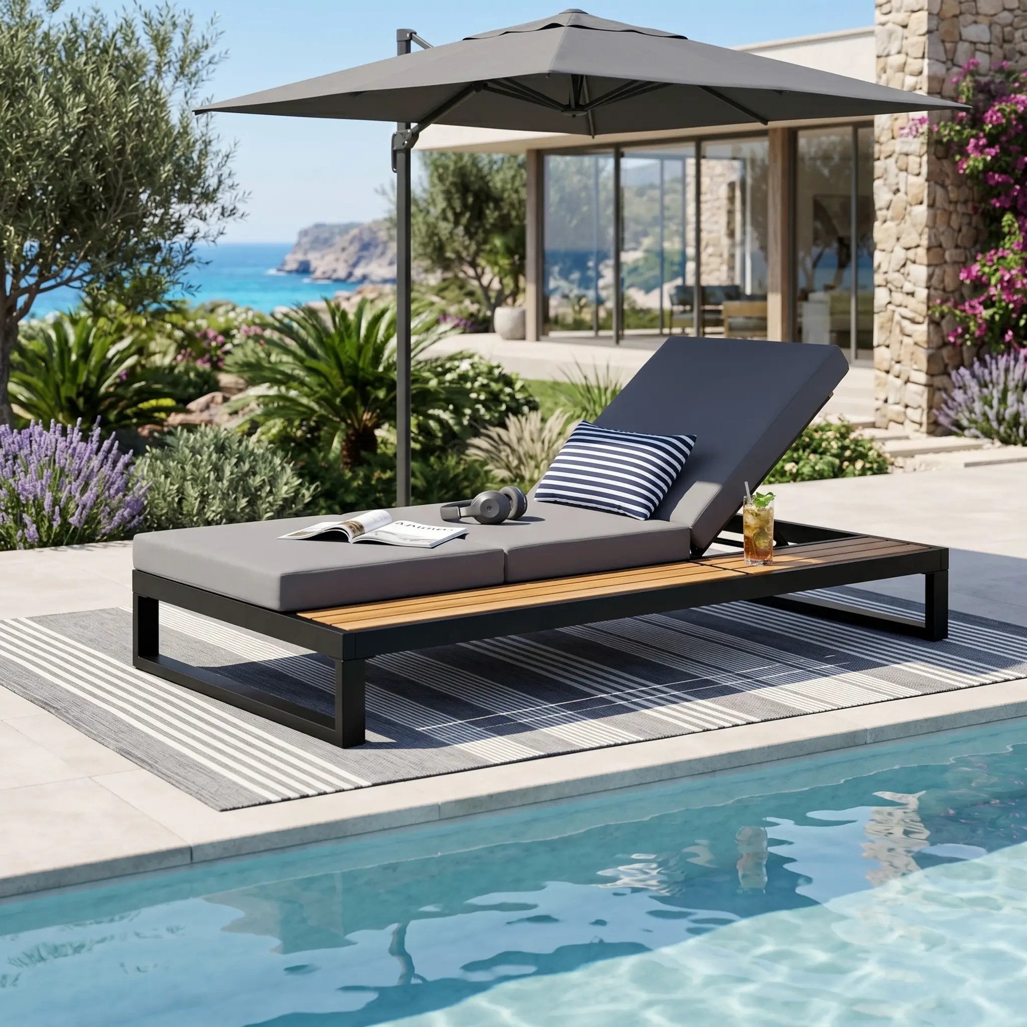 Black Iron & Teak Finish Chaise Lounge Set by HouseOfZazla