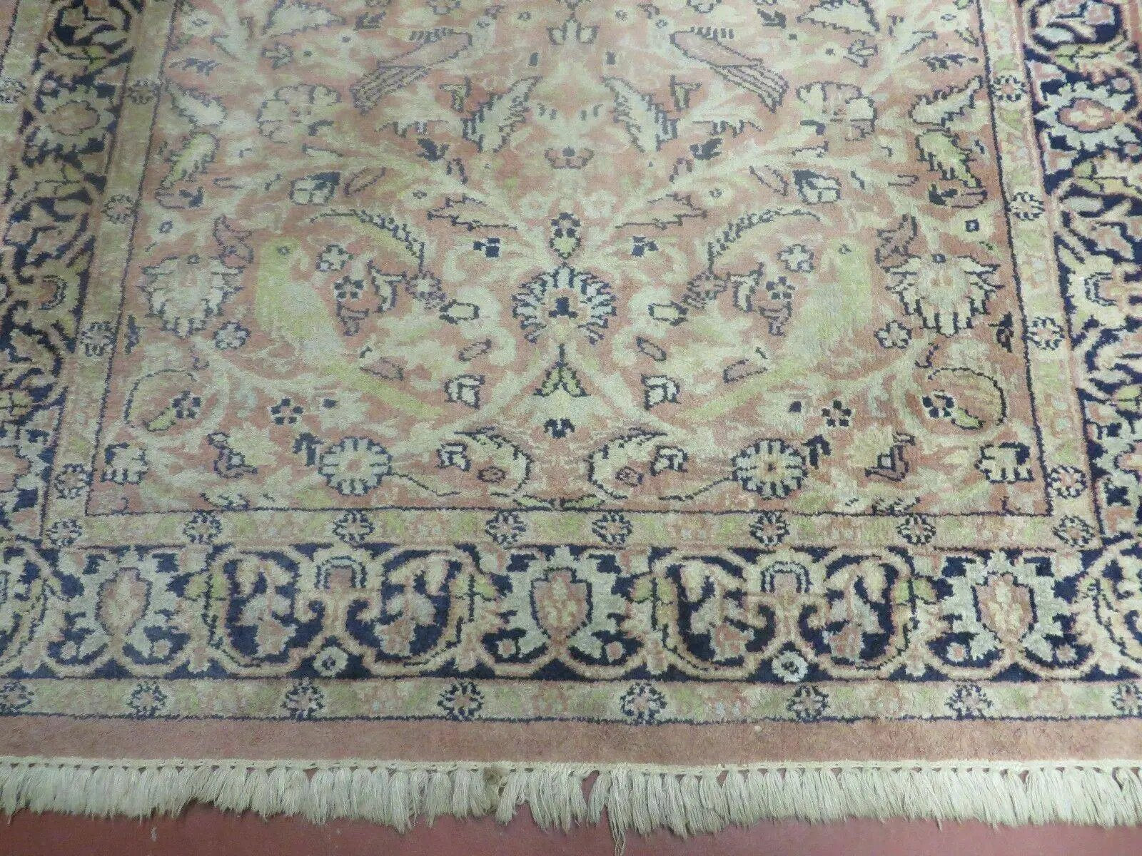 Indian Silk Rug 4x6, Indian Kashmiri Silk Carpet 4 x 6 ft, Vintage Hand Knotted Floral Bird Motifs, Light Pink and Navy Blue, Silk on Cotton by Jewel Rugs