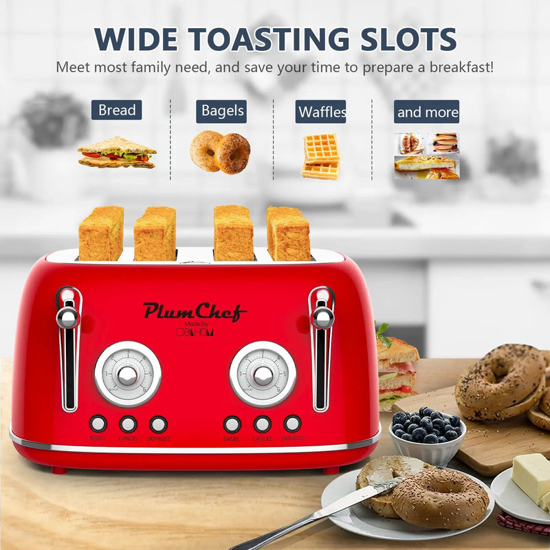 4 Slice Retro Style Toaster, Dual Control, 6 Browning Settings by HouseOfZazla