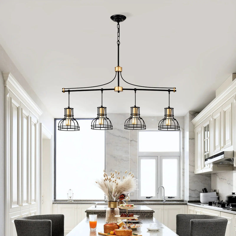 Dining Room Light Fixture / Chandelier Table, 40 -" Hanging For Farmhouse Linear Chandeliers, 5 Light Kitchen Island Lighting Ceiling Chandelier, With Metal Lampshade - Gold / Matte Black by HouseOfZazla