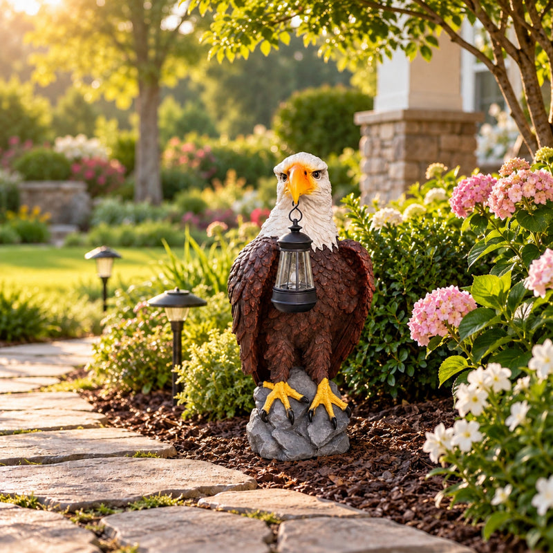 23.23-Inch Solar Bald Eagle Statue with Lantern, Outdoor Garden Decor for Patio and Yard