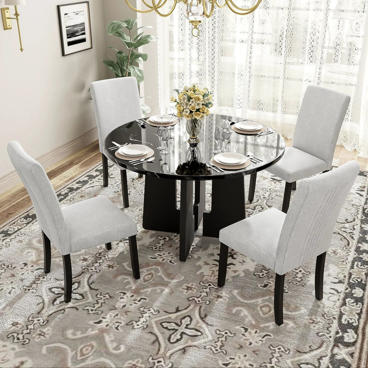 5 Piece Round Dining Table Set, Modern Dining Table And 4 Upholstered Chairs For Dining Room by HouseOfZazla
